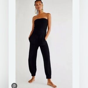 Free people navy blue terry cloth jumpsuit strapless nwot Xs